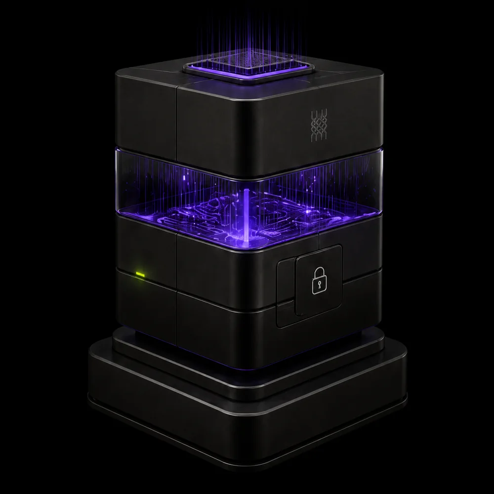 A locked evidence engine with a visible verification chamber